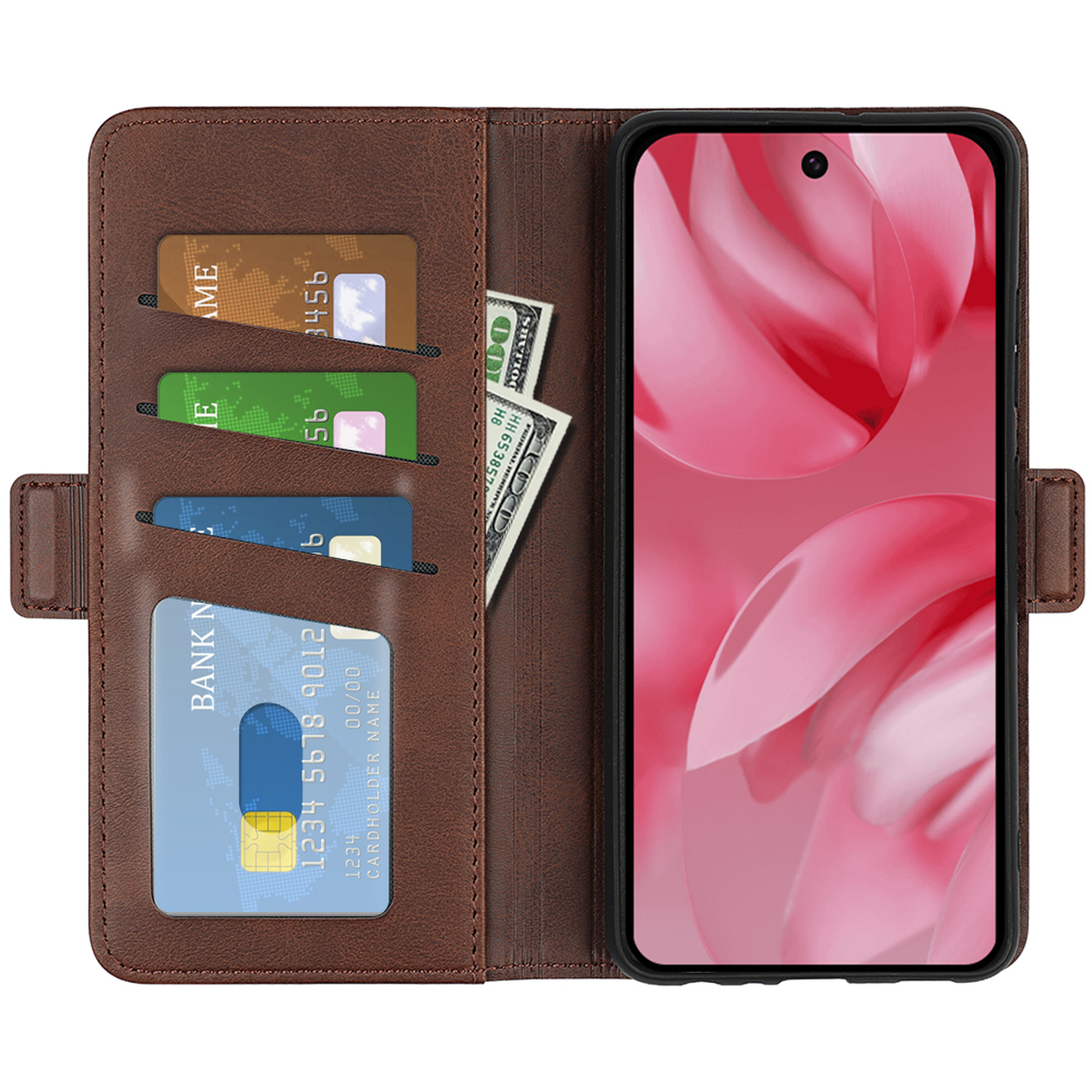 Bruine telefoonhoes met telefoon, creditcards en contant geld. De telefoon staat rechts.