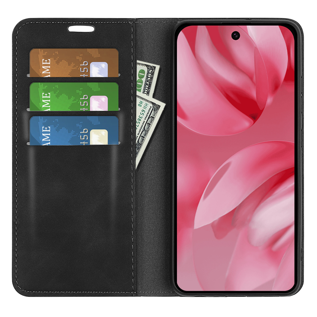 Étui de téléphone noir avec téléphone, cartes de crédit et argent. Le téléphone est à droite.