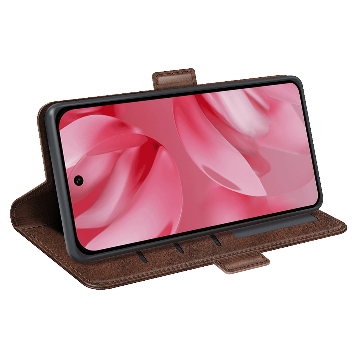 Een bruine telefoonhoes met een telefoon die een roze en witte afbeelding weergeeft.