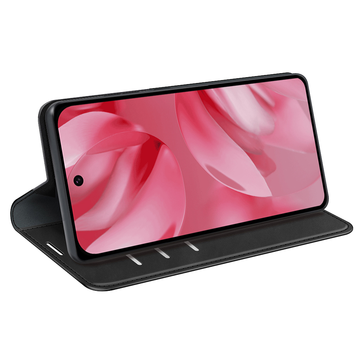 Une coque de téléphone noire avec un téléphone affichant une image rose et blanche.
