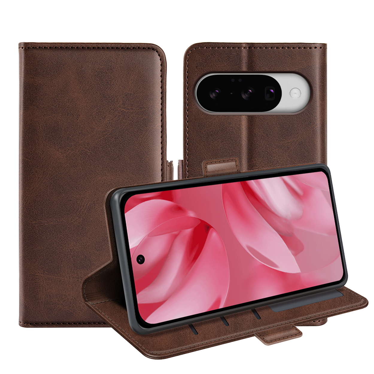 Een bruine telefoonhoes met een telefoon erin. Het scherm toont een roze en witte afbeelding.