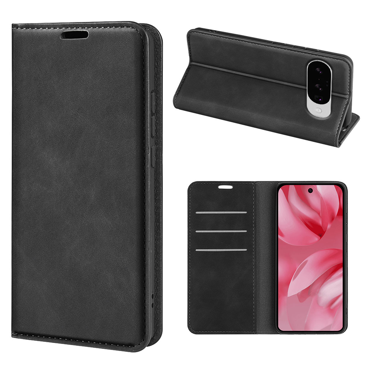 Une coque de téléphone noire en trois vues. Un téléphone est visible.