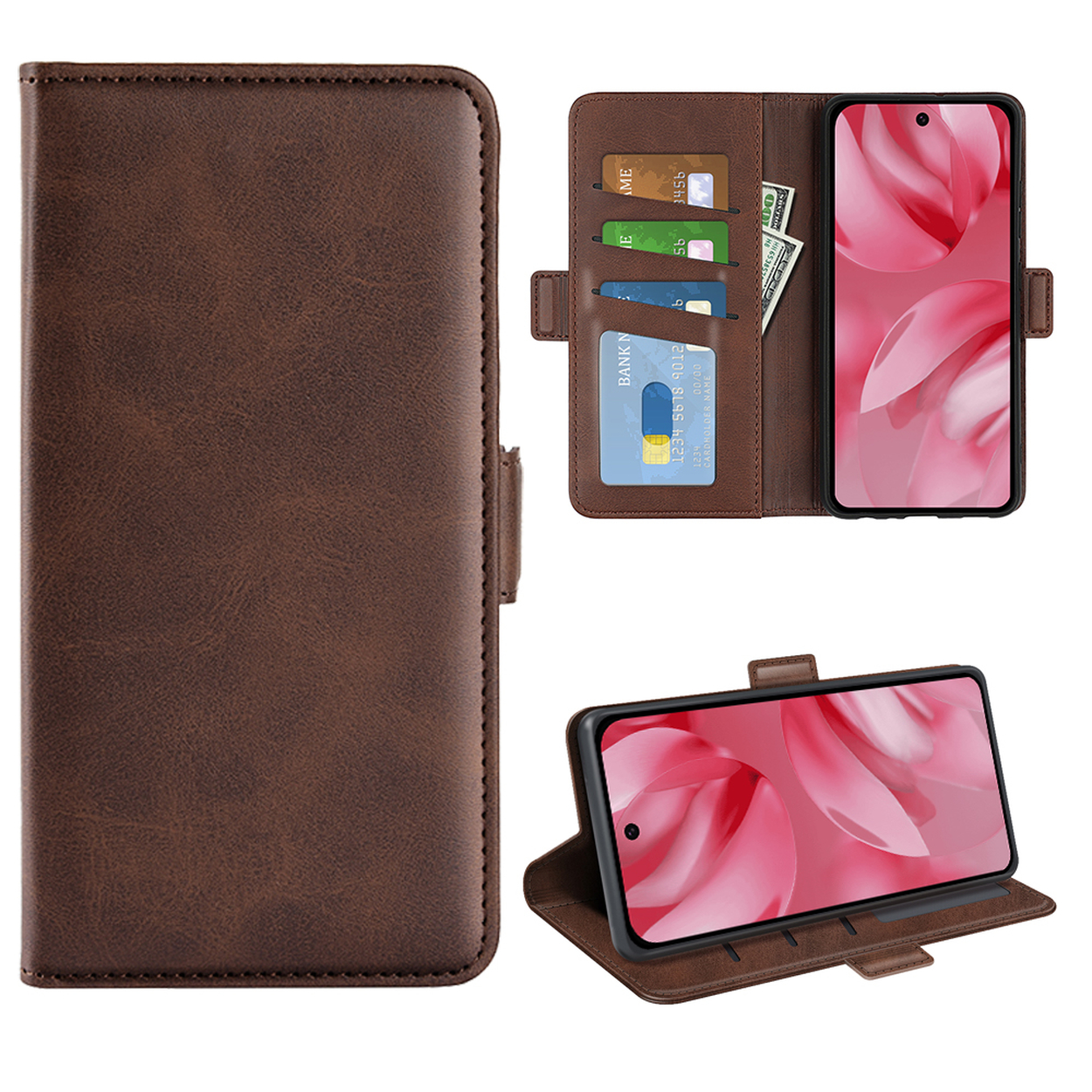 Bruine telefoonhoes met telefoon, creditcards en contant geld. De telefoon staat rechts.