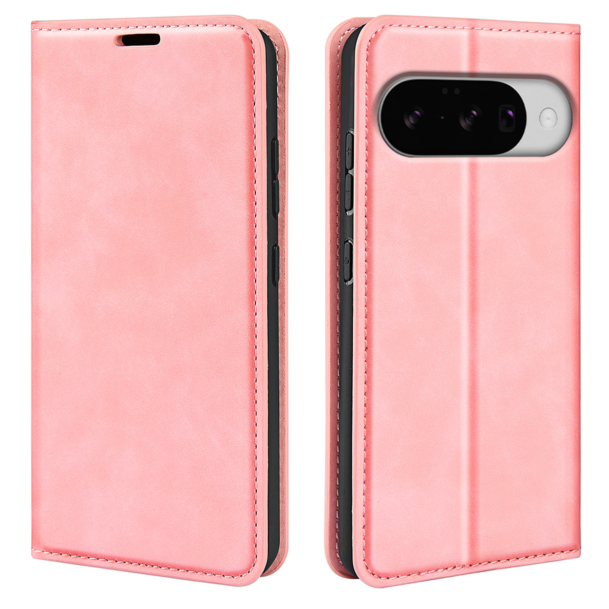 Een roze telefoonhoes in twee delen, open en dicht. Het is gemaakt van een leerachtig materiaal.