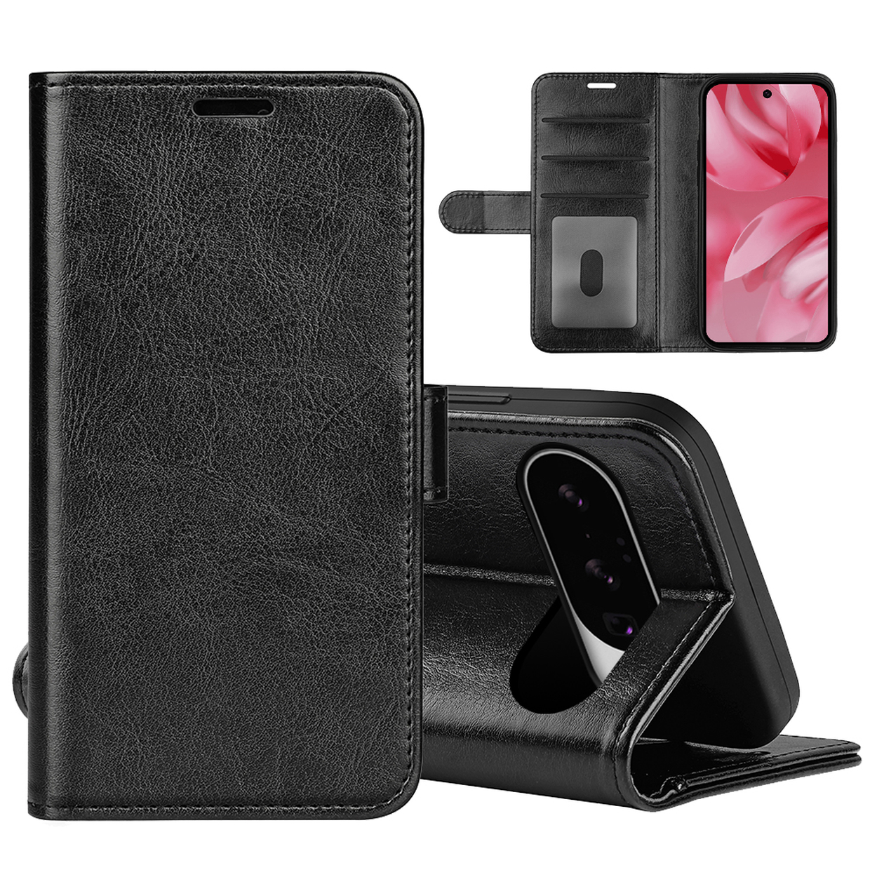 Étui de téléphone noir, ouvert, avec cartes et téléphone à l'intérieur. Il a une fermeture magnétique. Le tel est à droite.