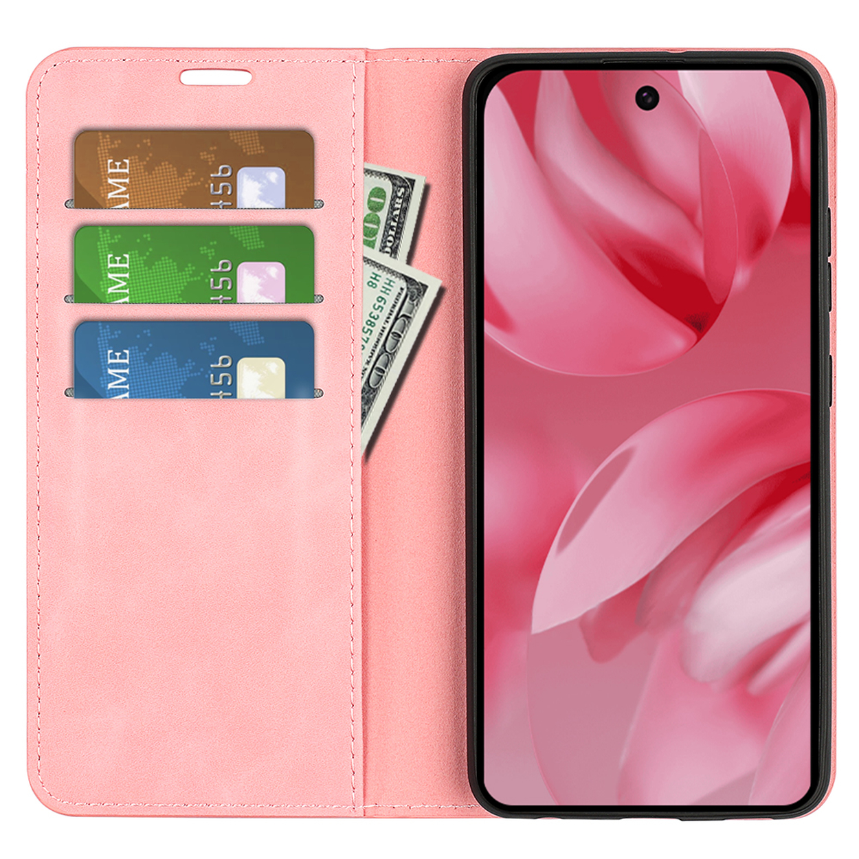 Een roze telefoonhoes met kaarten en geld erin. De hoes is open en toont de inhoud.