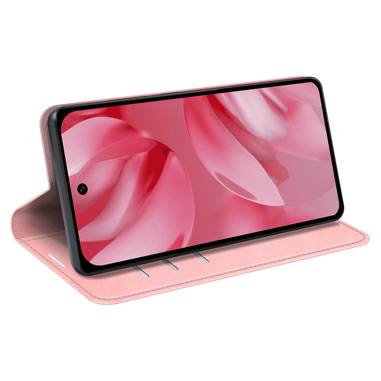 Roze telefoonhoes met telefoon erin. De telefoon staat in een standpositie.