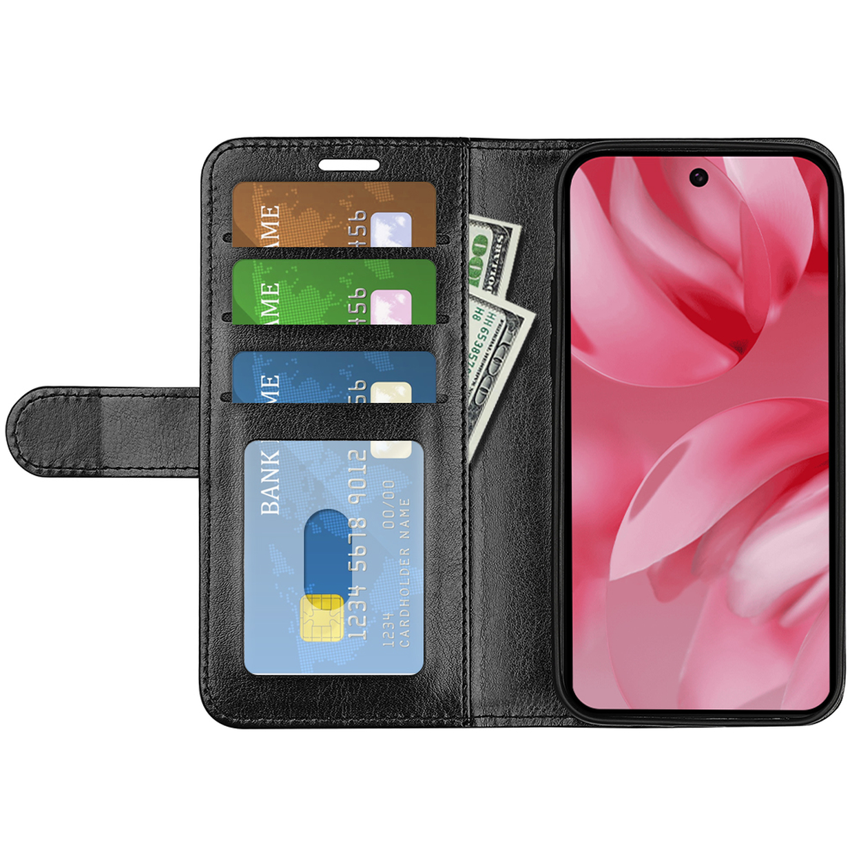 Étui de téléphone noir avec téléphone, cartes de crédit et argent. Le téléphone est à droite.