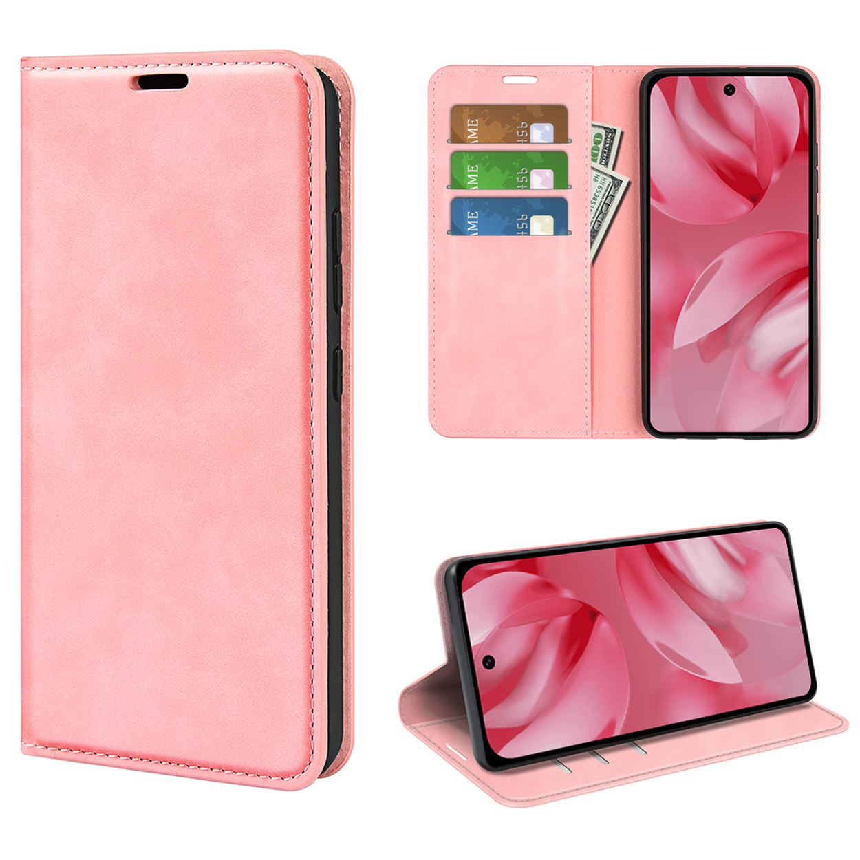 Roze telefoonhoes met telefoon, creditcards en contant geld. Het kan in verschillende posities worden opgevouwen.