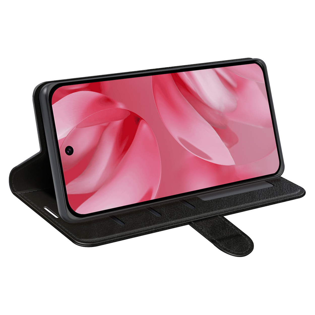 Étui de téléphone noir, ouvert, tenant le téléphone. Le téléphone affiche un motif rose abstrait.