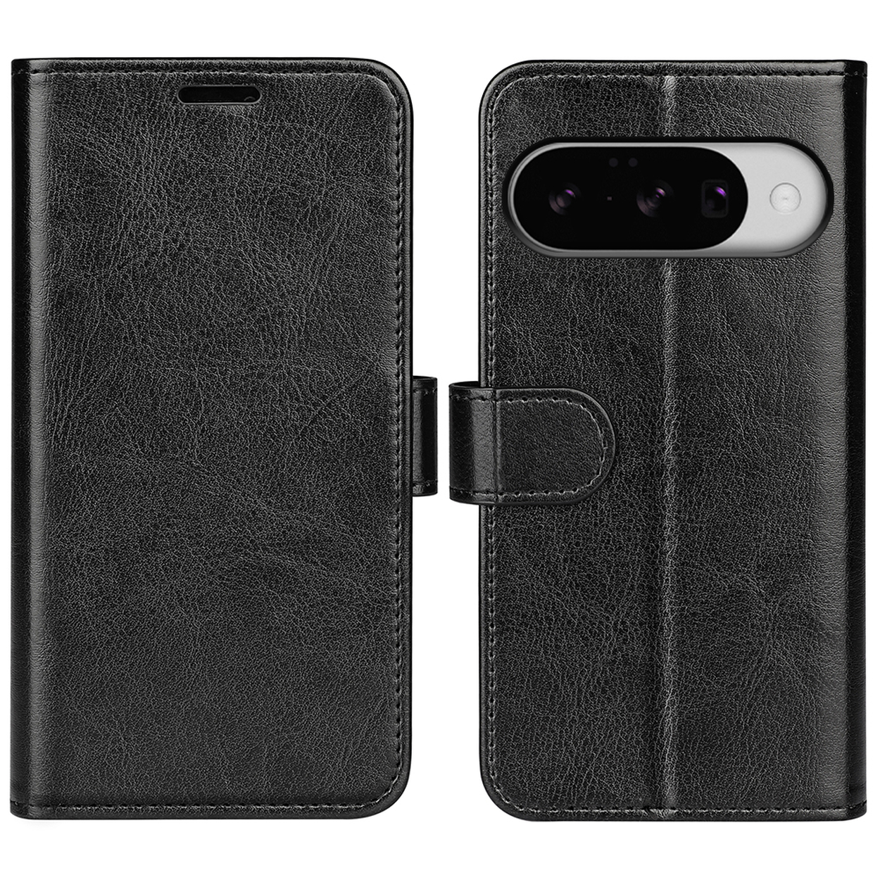 Étui de téléphone en cuir noir, ouvert. Le téléphone est sur le côté droit. L'étui a une fermeture magnétique.