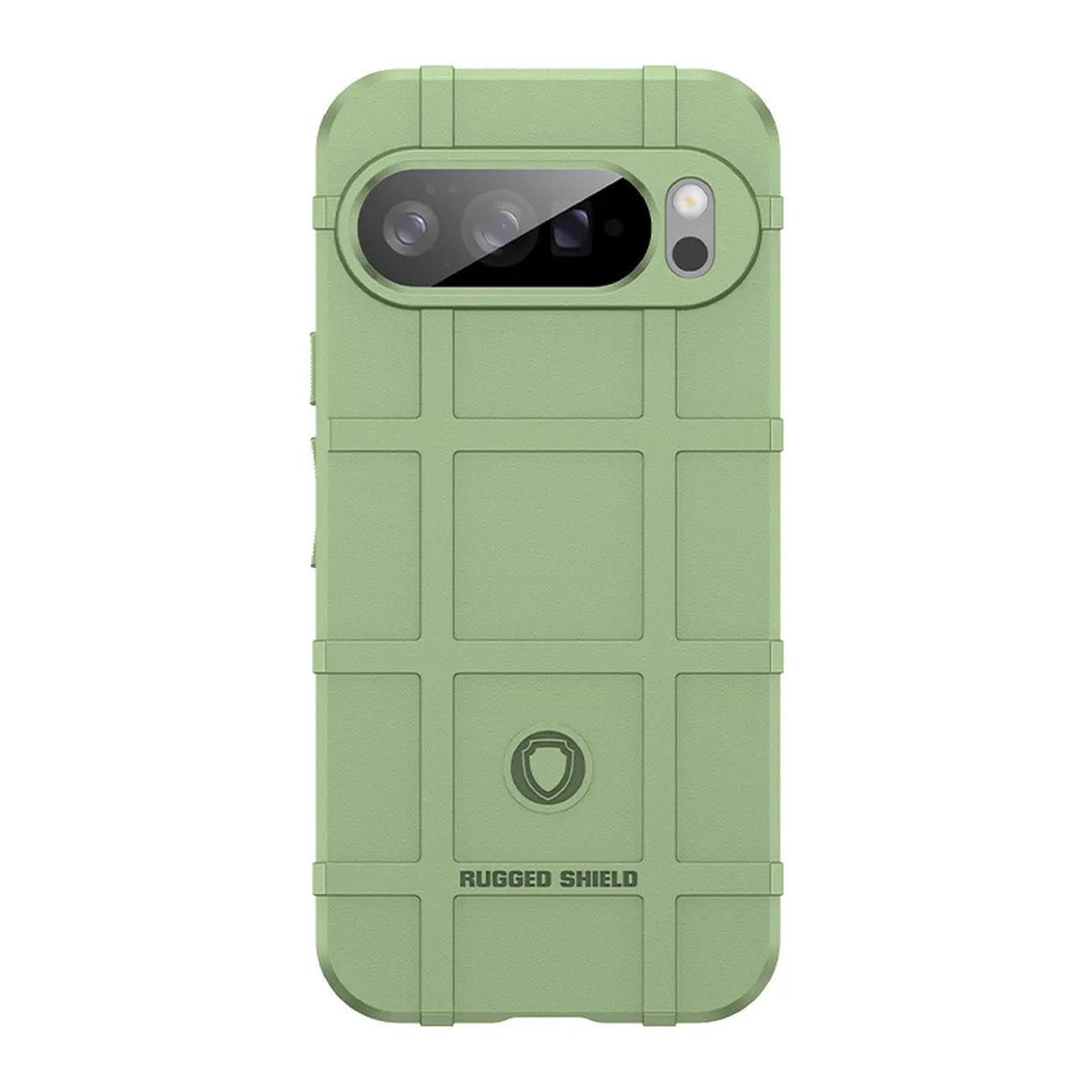 Groene robuuste telefoonhoes. Achterkant van de telefoonhoes wordt getoond. Het heeft een textuuroppervlak met een logo.