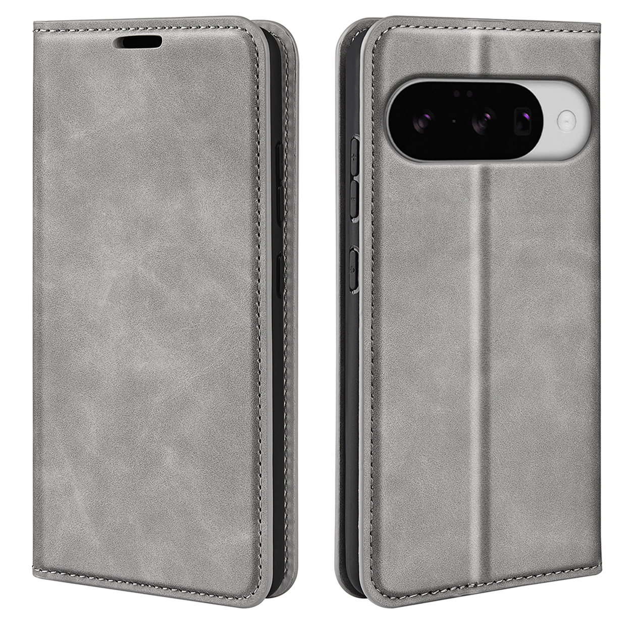 Étui de téléphone en cuir gris, ouvert. Le téléphone est sur le côté droit. L'étui a une fermeture magnétique.