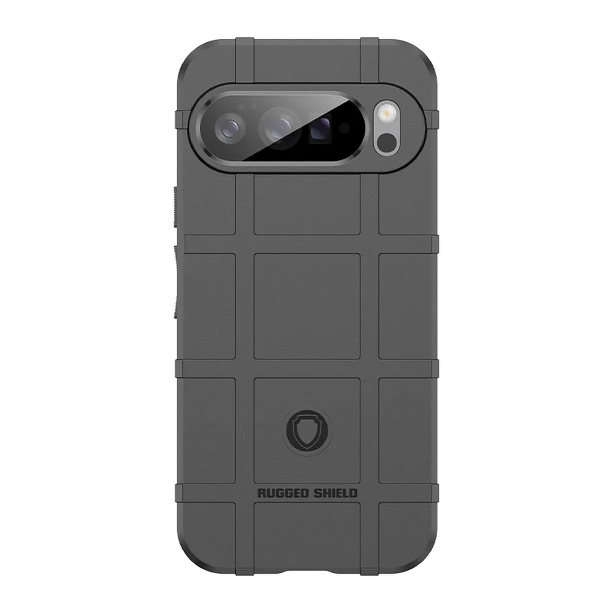 Coque de téléphone gris foncé avec un dos texturé et le logo Rugged Shield.
