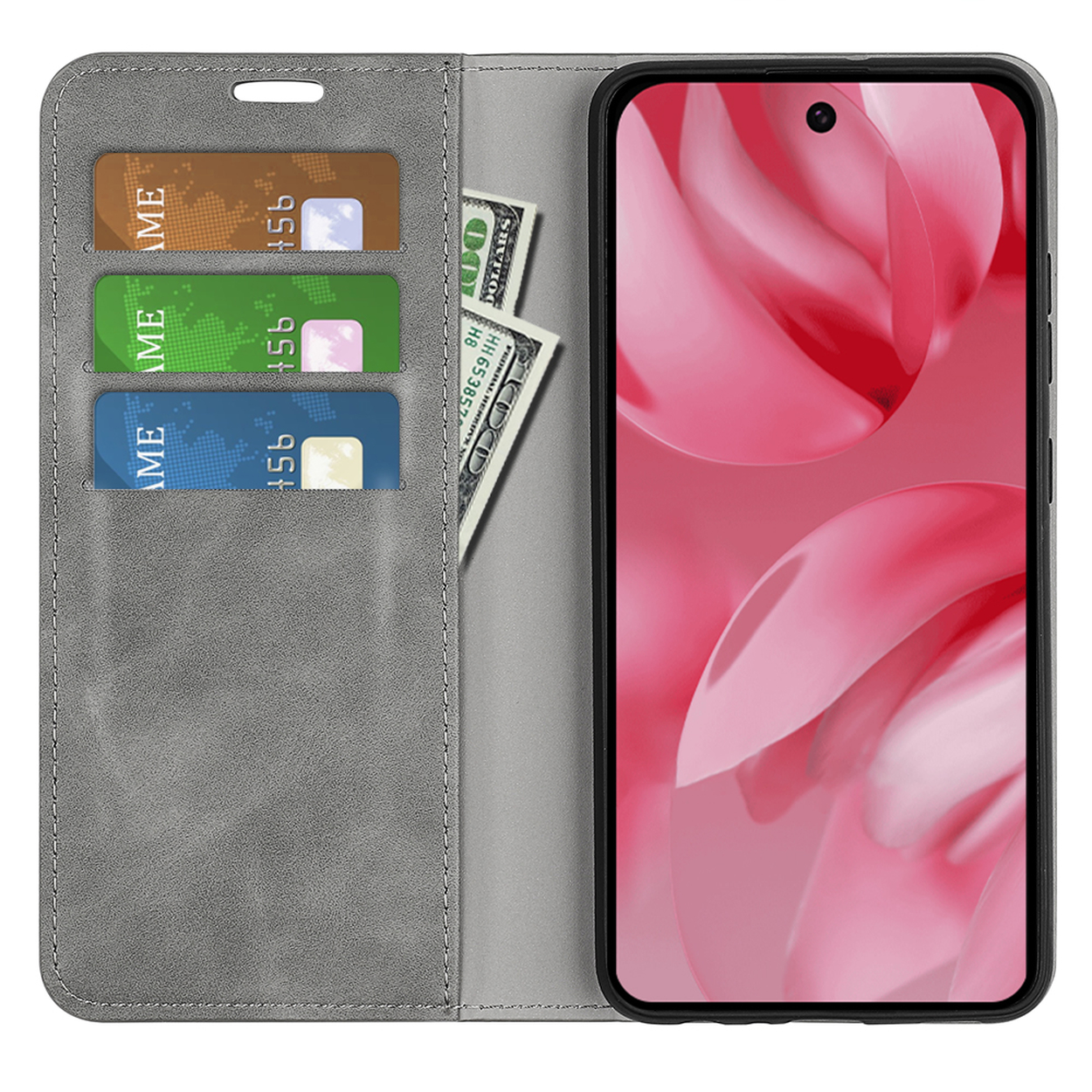 Un étui portefeuille gris ouvert, montrant des fentes pour cartes, de l'argent et un téléphone avec un design rose.