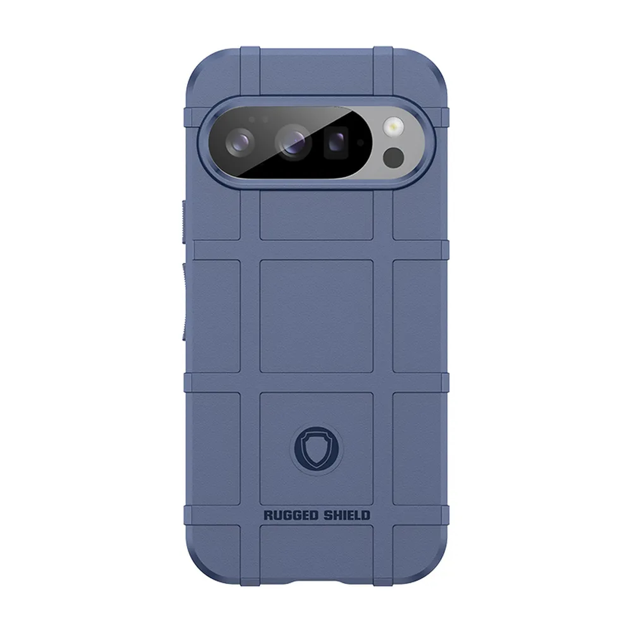 Blauwe telefoonhoes met een robuust ontwerp. Het bedekt de achterkant en zijkanten van de telefoon.