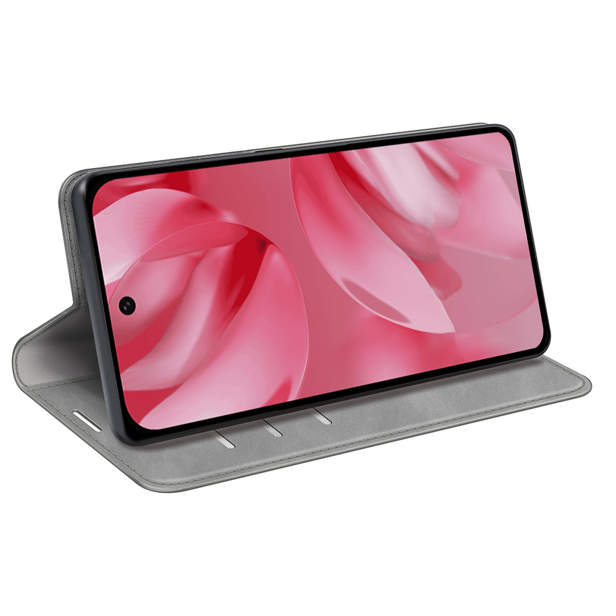 Un étui de téléphone gris ouvert, affichant un téléphone. L'écran du téléphone affiche un motif floral rose.