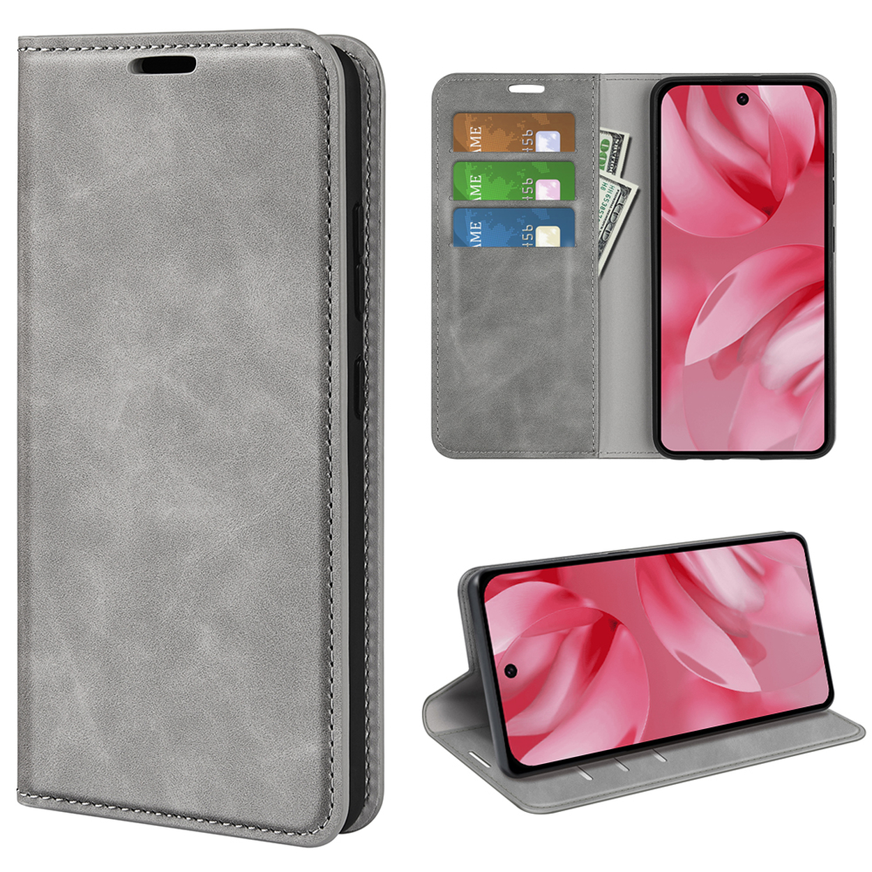 Une coque de téléphone avec un design portefeuille, ouverte montrant des fentes pour cartes, de l'argent et un téléphone affichant une image rose.