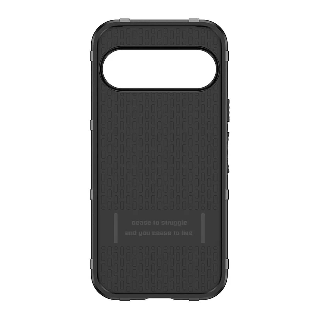 Zwarte telefoonhoes met tekst: cease to struggle and you cease to live. Rechthoekig ontwerp.