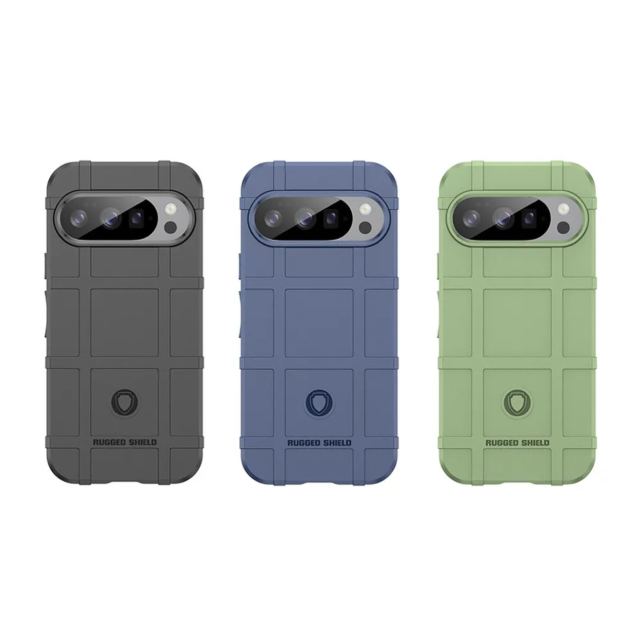 Drie telefoonhoesjes in zwart, blauw en groen. Alle hoesjes zijn getextureerd en hebben het Rugged Shield logo.
