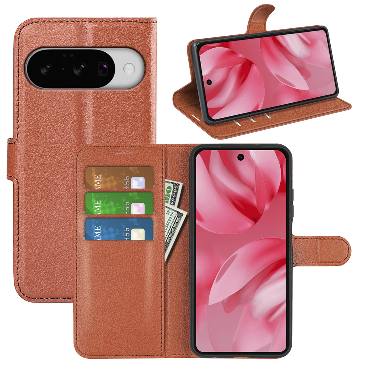 Bruine telefoonhoes met telefoon, kaarten en geld. Open met een telefoon die het ontwerp laat zien. Witte achtergrond.