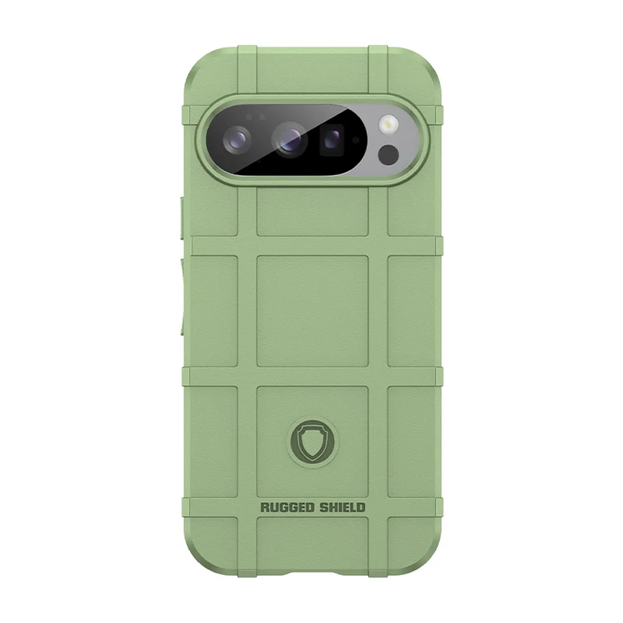 Groene telefoonhoes met een robuust ontwerp. Het bedekt de achterkant en zijkanten van de telefoon.