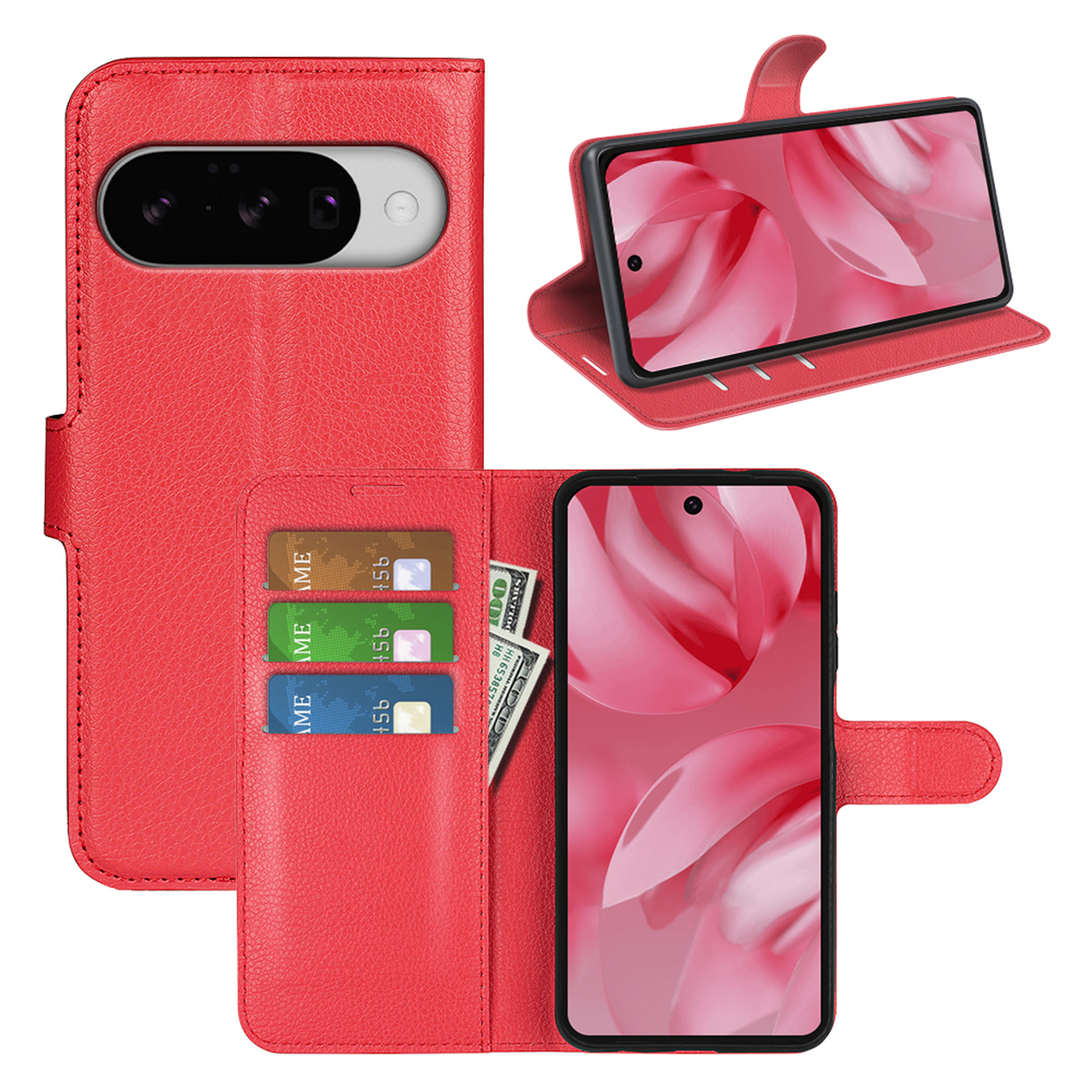 Étui de téléphone rouge avec téléphone, cartes et argent. Ouvert avec un téléphone affichant le design. Fond blanc.