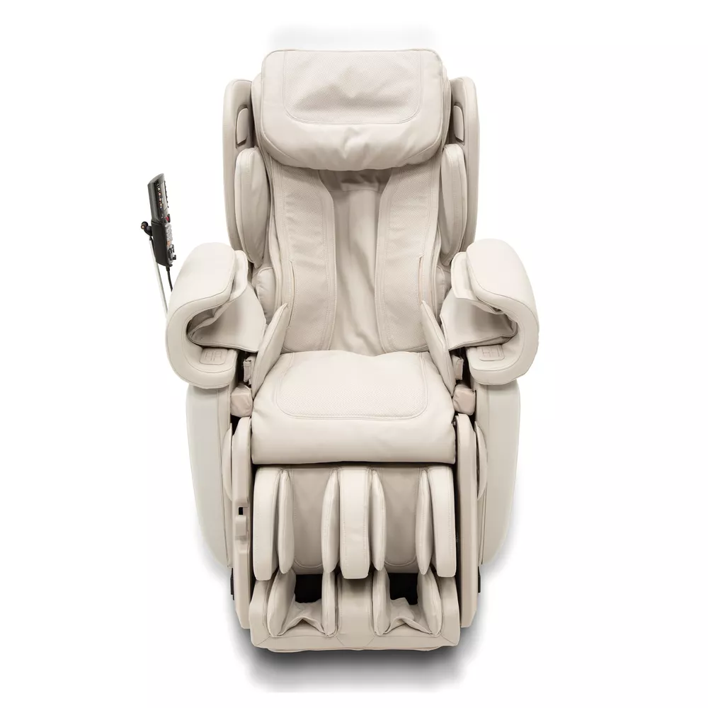 Beige massage chair. It has headrest, armrests and foot supports. White background.
