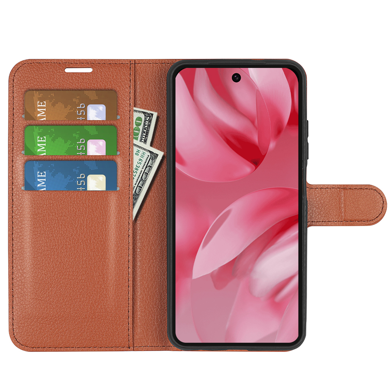 Bruine telefoonhoes open, telefoon rechts. Kaarten en geld zijn zichtbaar links.