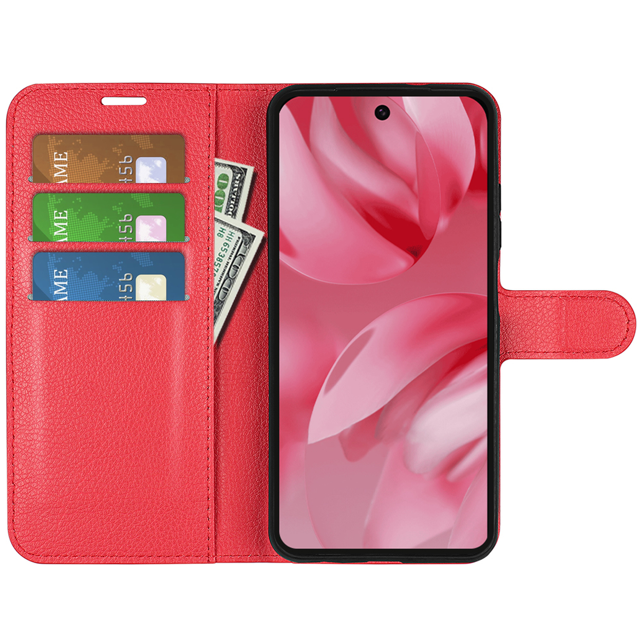 Étui de téléphone rouge ouvert, téléphone à droite. Cartes et argent visibles à gauche.