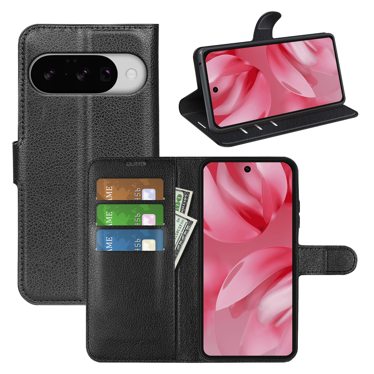 Zwarte telefoonhoes met telefoon, kaarten en geld. Open met een telefoon die het ontwerp laat zien. Witte achtergrond.