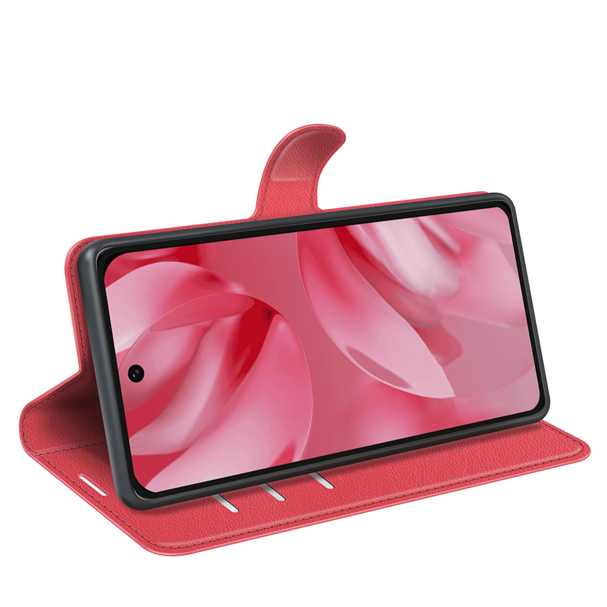 Étui de téléphone rouge ouvert avec un téléphone à l'intérieur, montrant un motif rose à l'écran. Fond blanc.