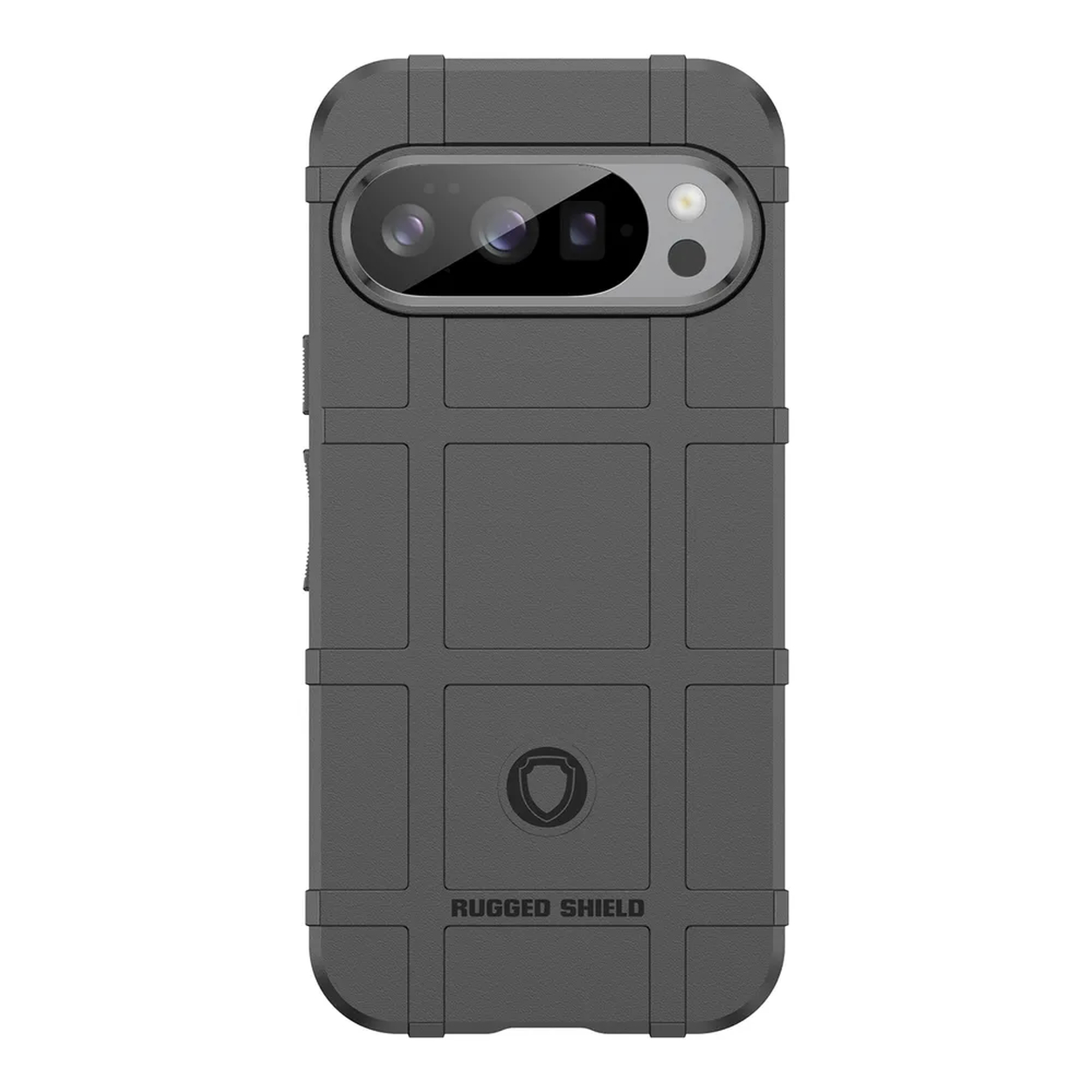 Grijze telefoonhoes met een robuust ontwerp. Het bedekt de achterkant en zijkanten van de telefoon.