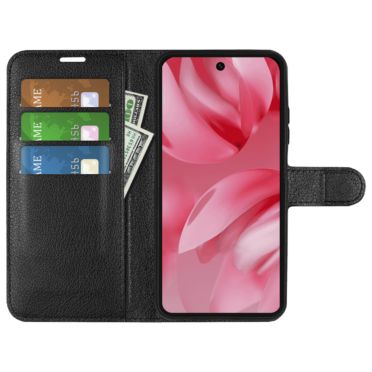 Zwarte telefoonhoes met kaarten en geld. Telefoon wordt in hoes weergegeven, met een roze bloemenbehang.