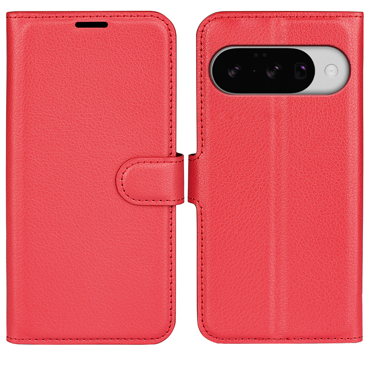 Étui de téléphone rouge fermé, avec un téléphone visible à droite.