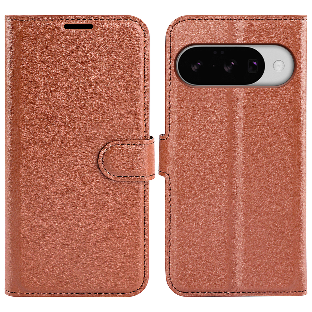 Bruine telefoonhoes gesloten, met een telefoon zichtbaar aan de rechterkant.