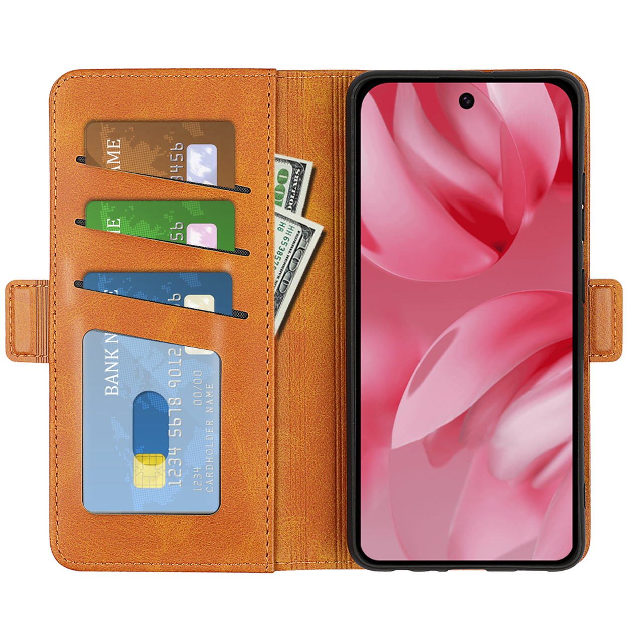 Bruine telefoonhoes open, telefoon erin. Kaarten en geld zijn zichtbaar links.