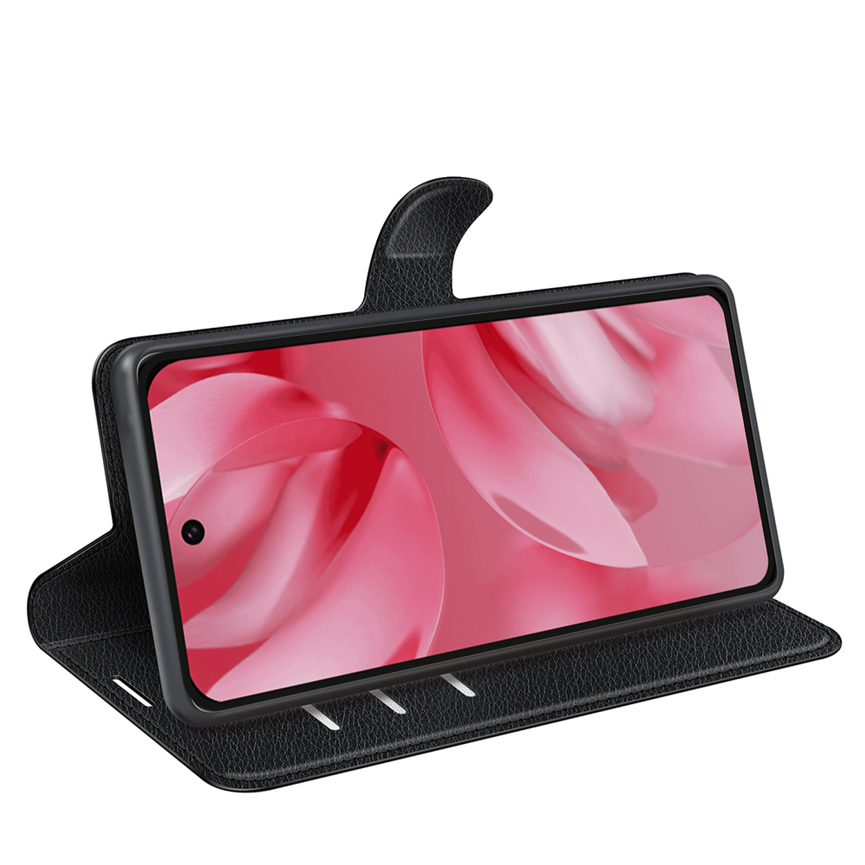 Zwarte telefoonhoes open, telefoon erin. De telefoon toont een roze achtergrond.