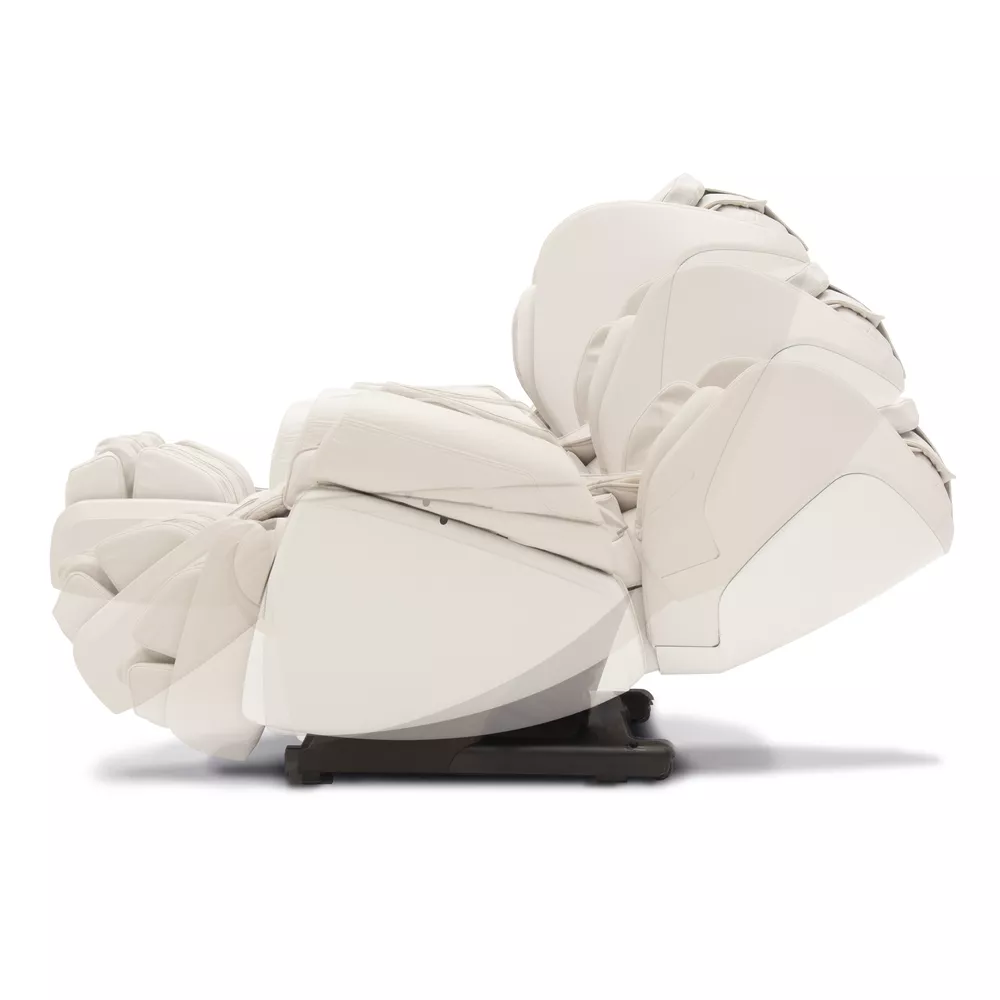 White massage chair reclined. The chair is in motion, with parts moving in a staged sequence.
