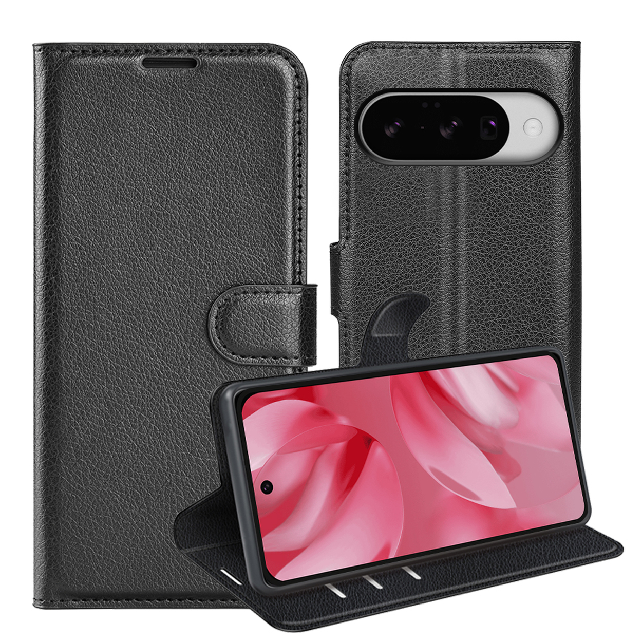 Zwarte telefoonhoes met kaarten en telefoon. Telefoon wordt in hoes weergegeven, met een roze bloemenbehang.