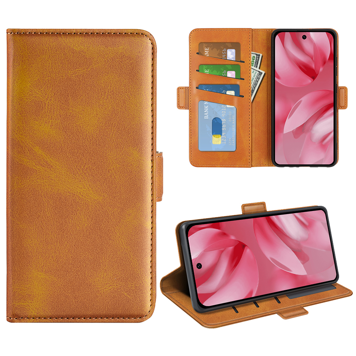 Bruine telefoonhoes met kaarten en geld. Telefoon wordt in hoes weergegeven, met een roze bloemenbehang.