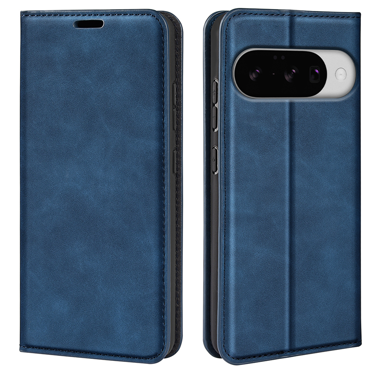 Blauwe telefoonhoes open. Telefoon wordt in de hoes weergegeven. De hoes heeft een magnetische sluiting.