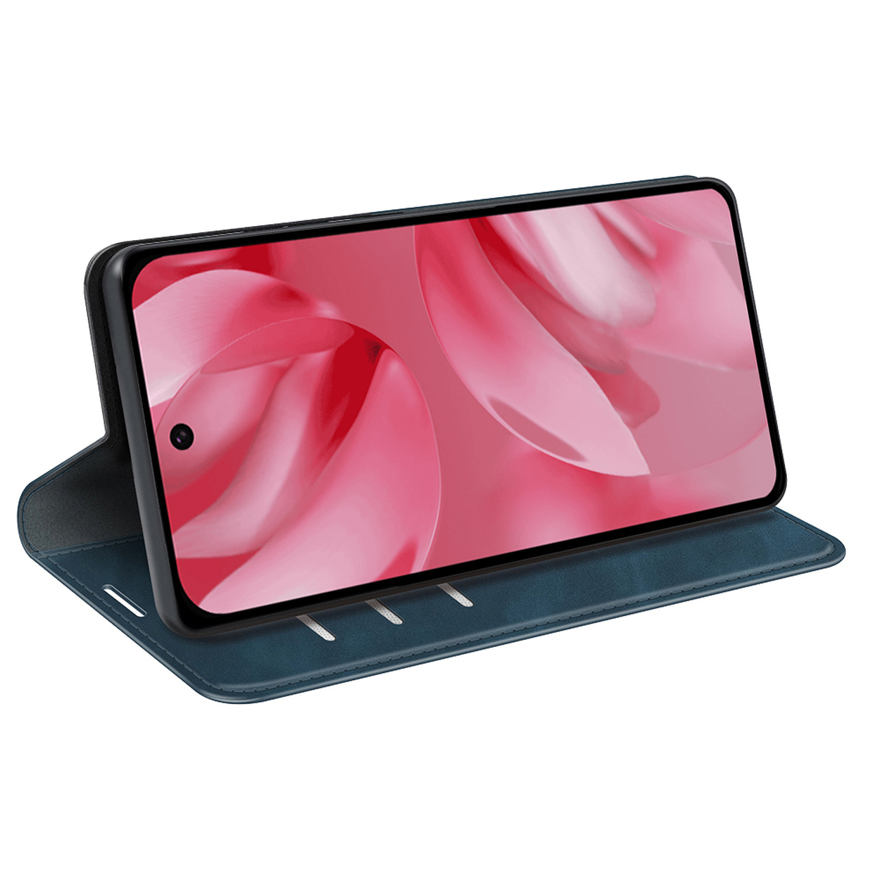 Blauwe telefoonhoes open, telefoon erin. De telefoon toont een roze achtergrond.