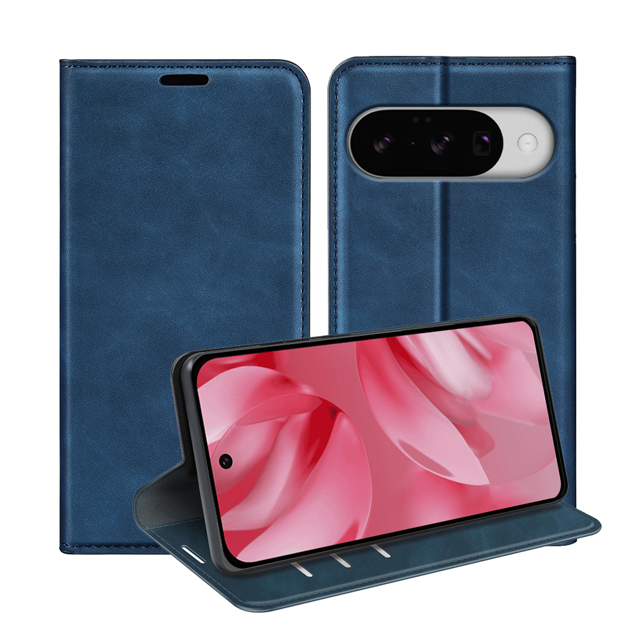 Blauwe telefoonhoes met een telefoon met een roze bloemenbehang. De hoes heeft kaartsleuven.