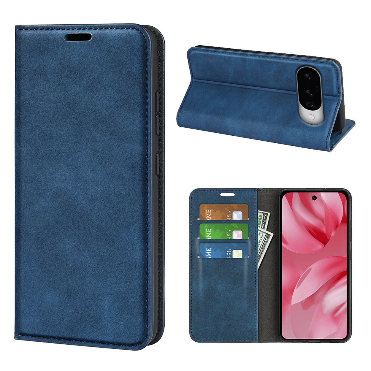 Blauwe telefoonhoes met kaartsleuven en een telefoon met een roze bloemenbehang. Een dollarbiljet is zichtbaar.