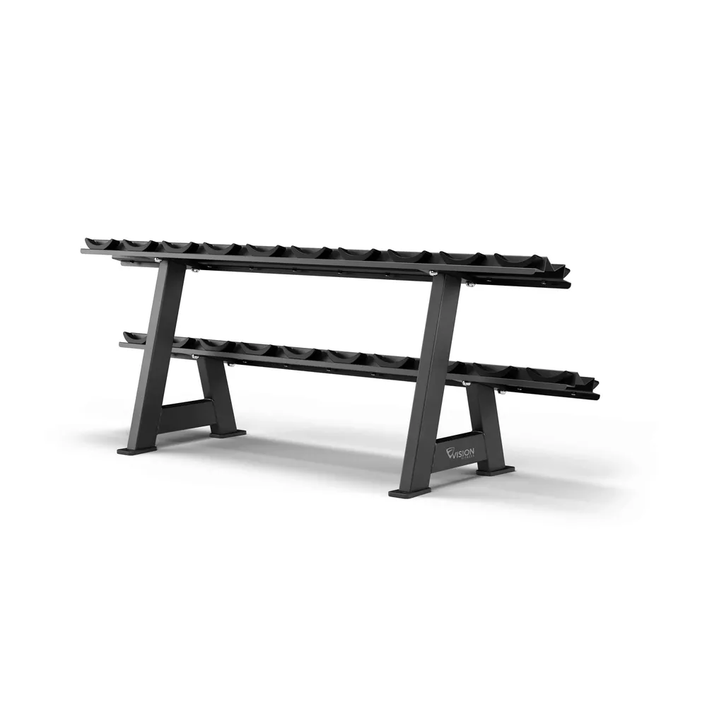 Gewichtenrek met gewichten. Zwarte metalen constructie. Gewichten zijn netjes gerangschikt op twee niveaus.