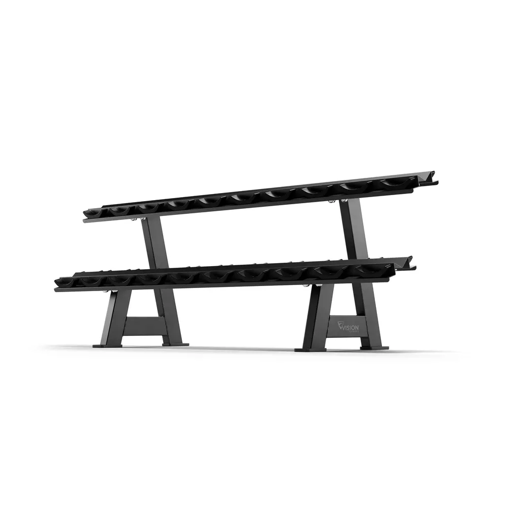 Gewichtenrek met gewichten. Zwart metalen rek. Twee niveaus voor gewichten. Witte achtergrond.