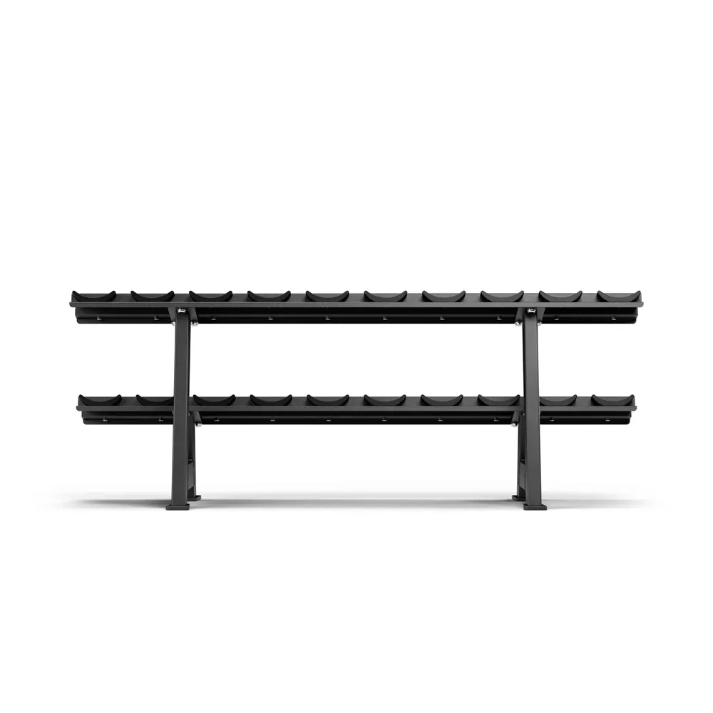 Gewichtenrek. Zwart metalen rek. Twee niveaus voor gewichten. Witte achtergrond.