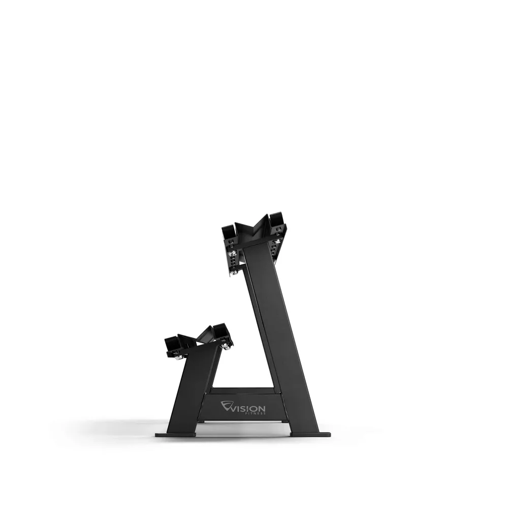 Zwart dumbbellrek met twee niveaus, Vision Fitness logo.