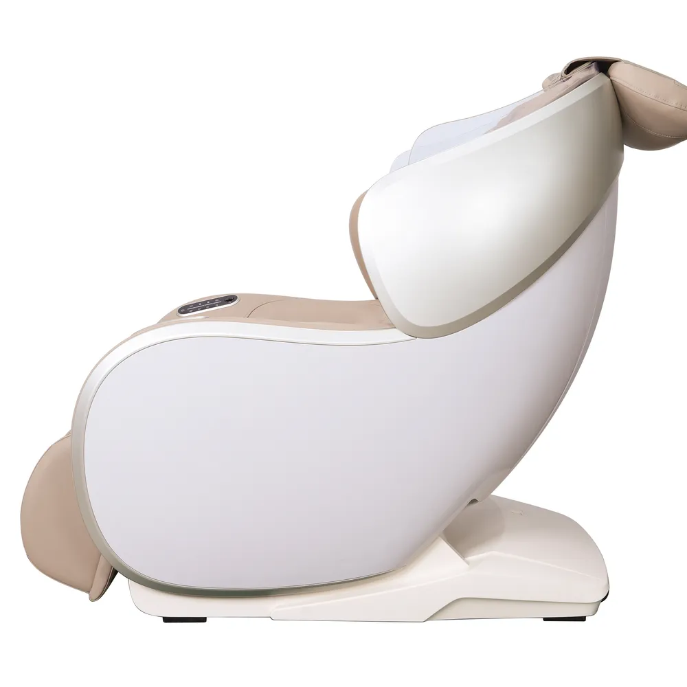 Seitenansicht des Massagesessels, beige und weiß, schlankes Design.